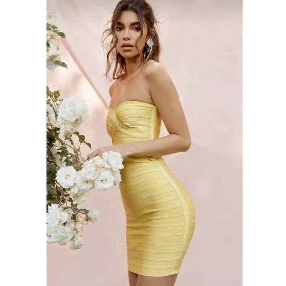 HOUSE OF CB 'Chantelle' Lemon Strapless Bandage Dress NWOT - Picture 3 of 11